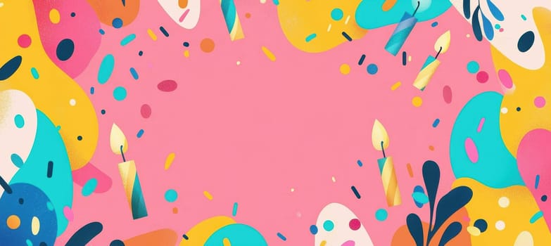 Vibrant birthday card template featuring three lit candles surrounded by colorful confetti against a lively, blurred background. perfect for personal notes or party invitations, this design conveys joy and celebration.