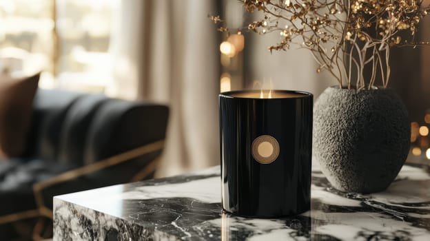 Black candle jar adorned with a luxury branding sticker, placed on a marble tabletop with gold accents. the scene exudes elegance and sophistication, enhanced by natural lighting and stylish decor elements in a modern setting.