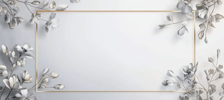 Elegant anniversary card template featuring a silver background with a thin golden border. delicate, minimalistic floral details adorn the edges, framing a blank center for customizable text. ideal for milestone celebrations.