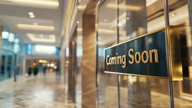 Luxurious shopping mall storefront featuring glossy windows and "coming soon" elegantly inscribed in gold lettering on pristine glass, symbolizing anticipation and exclusivity. ideal for promotion of upscale retail openings.