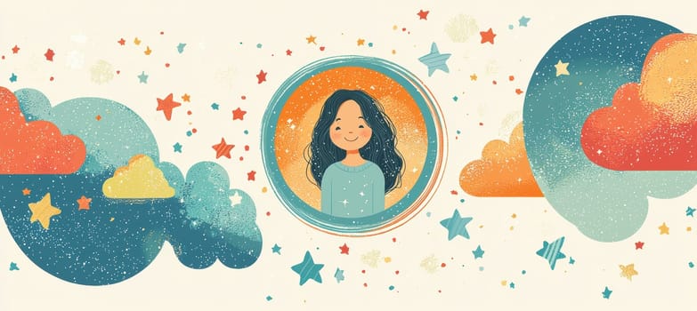 A charming email signature featuring a circular-framed profile picture of a smiling person amidst a whimsical background of illustrated stars and clouds. this playful design is perfect for a childrens book author or creative professional.