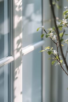 Transparent sticker mockup displayed on a frosted window, highlighted by soft natural light. the subtle botanical design enhances the aesthetic appeal, perfect for elegant branding presentations in various design projects.