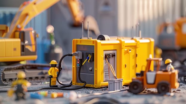 Portable charging station is actively used at a construction site to power tools and devices. visible are workers, heavy machinery, and scattered construction materials, illustrating efficient energy use in a busy work environment.