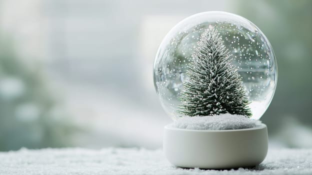 Minimalist snow globe featuring a single pine tree blanketed in snow, set within swirling snowflakes. the design includes a smooth, white ceramic base, offering a clean and modern aesthetic, perfect for enhancing winter decor.