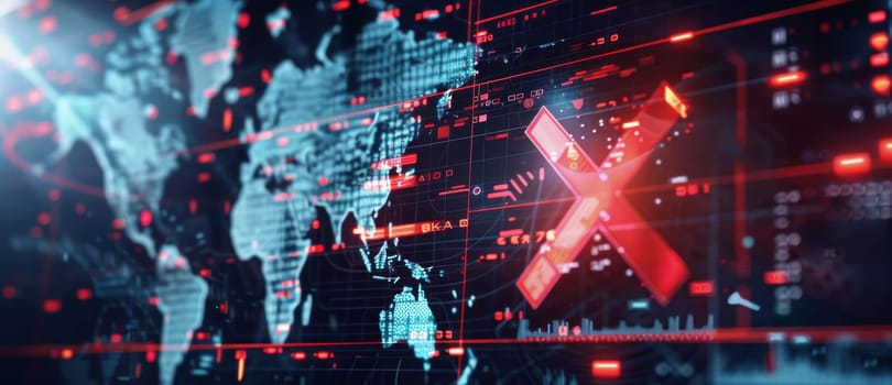 Futuristic holographic display featuring a world map with highlighted areas indicating high narcotics usage. a giant red x symbolizes the urgent need to stop drug abuse. perfect for presentations on global health or awareness campaigns.