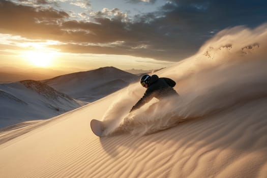 Sand dune snowboarding: extreme sport, desert landscape, downhill motion, carving ride, speed thrill, gravity defiance, adventurous action, adrenaline surge, sandy slopes, challenging terrain