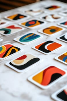 Rectangular stickers featuring vibrant abstract art arranged in a spiral on a white marble table. the bright lighting enhances the vivid colors and intricate patterns, offering a dynamic and artistic flair for creative uses.
