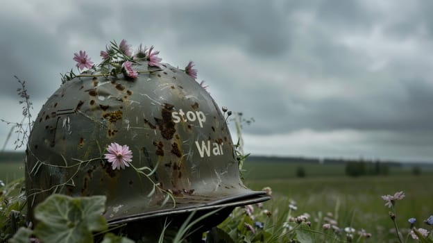 A soldiers helmet filled with delicate flowers rests peacefully in a lush meadow. words "stop war" are inscribed on it, set against a serene, cloudy sky backdrop, evoking a powerful call for peace and reflection on war.