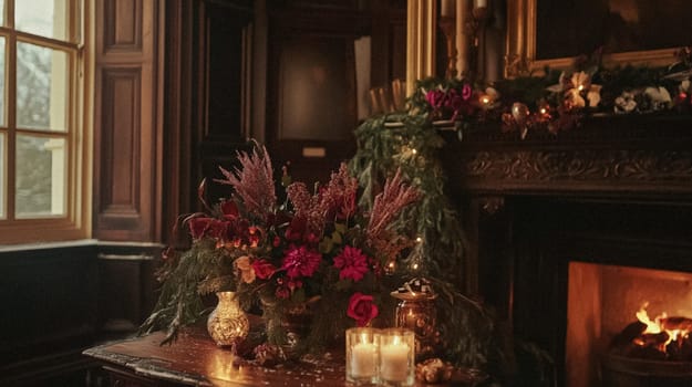 Country manor decorated for Christmas, Merry Christmas holiday idea