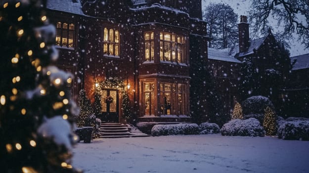 Country manor decorated for Christmas, Merry Christmas holiday idea