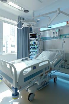 Modern hospital room featuring advanced heart monitoring and treatment equipment. the room design prioritizes patient care and safety, with state-of-the-art technology integrated into the environment for optimal healthcare delivery.