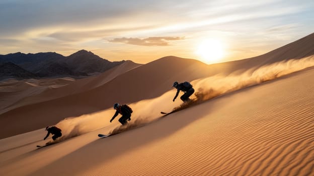 Snowboarding in sand dunes: extreme ride, desert slopes, adrenaline rush, speed thrill, downhill action, sandy waves, daring move, gravity defiance, freestyle carving, intense descent