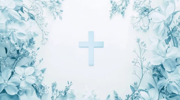 Elegant greeting card template featuring a soft blue and white theme. delicate floral designs and a subtle cross adorn a blank center, perfect for personalized baptism messages. ideal for religious ceremonies, conveying gentle respect.