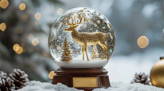 A luxurious snow globe featuring a golden reindeer standing in a snowy forest with shimmering golden snowflakes. the polished mahogany base includes an engraved plaque, perfect for adding a touch of elegance to holiday decor.