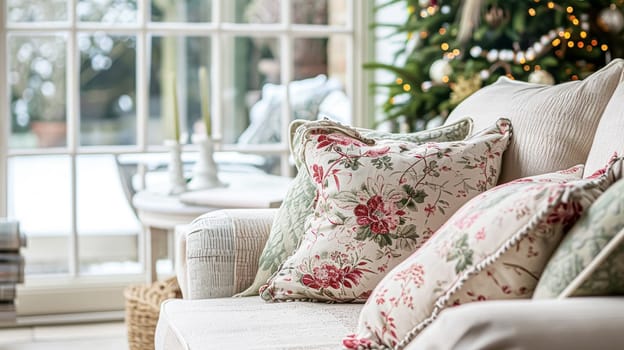 Colorful pillows on sofa against glass wall of window in a winter garden or conservatory. Interior textile concept. High quality photo
