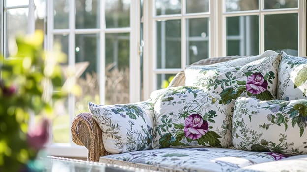Colorful pillows on sofa against glass wall of window in a winter garden or conservatory. Interior textile concept. High quality photo