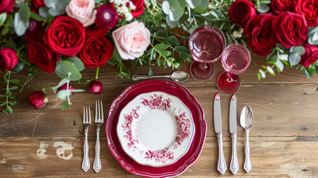 Festive table setting with candles and arrangement of beautiful red flowers. Holiday concept. High quality photo