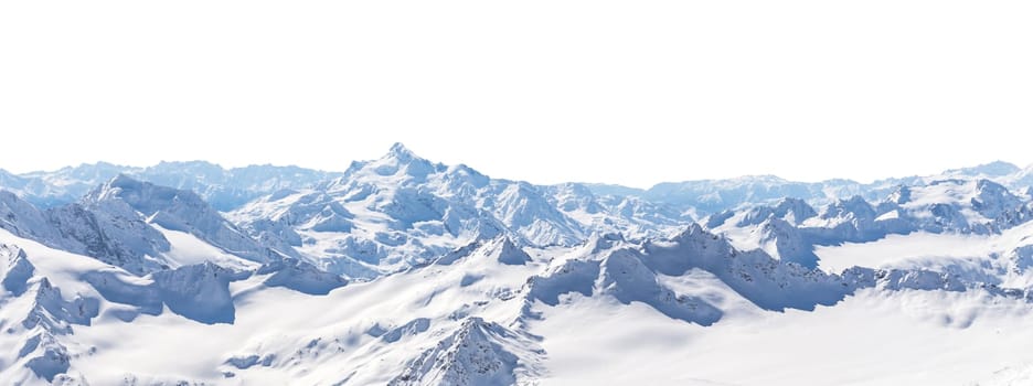 Panorama of winter mountains covered in snow isolated on white background. Mountain peaks in winter