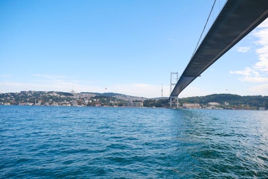 A stunning bridge spans a calm water body beneath a clear blue sky, creating a picturesque scene