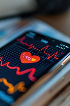 A smartphone displays a heart rate monitor app with a visible decrease in heart rate, emphasizing the benefits of meditation for health. the app interface features a heart graphic and line graph, merging wellness concepts with modern technology.