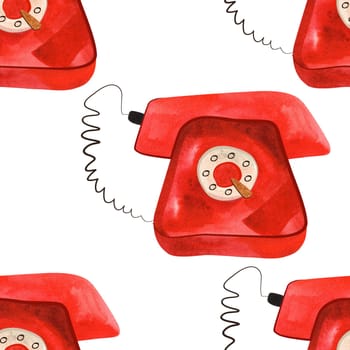 Seamless pattern with old red rotary phones from the mid-20th century. Watercolor illustration for textiles and wrapping paper