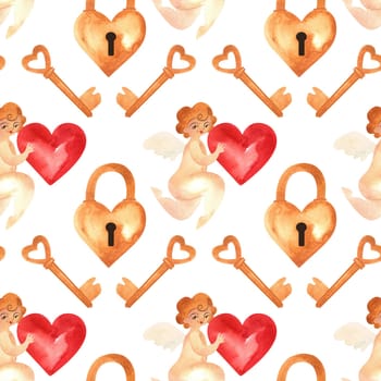 Seamless pattern with cupids, heart-shaped locks and keys. Watercolor illustration. Wrapping paper for wedding and Valentine's Day. Vintage style
