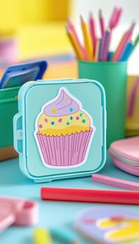 Whimsical pastel cupcake sticker decorates a child's pink lunchbox. surrounded by vibrant school supplies, including colored pencils and crayons in a classroom setting, creating a cheerful and playful atmosphere.