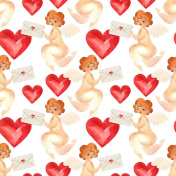 Cupid with letters in vintage style. Love mail. Watercolor seamless pattern for textile and wrapping paper for Valentine's Day or wedding.