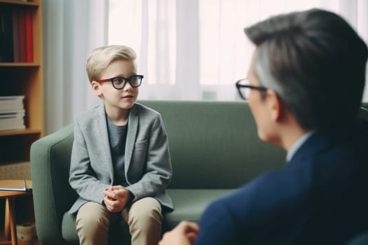 Counseling therapist listening to little boy sharing school news. male psychologist consulting a little boy . AI Generated
