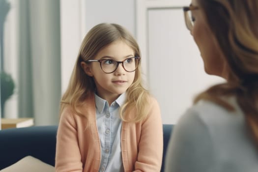 Counseling therapist listening to little girl sharing school news. Female psychologist consulting a little girl. AI Generated