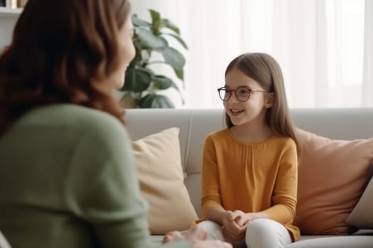 Counseling therapist listening to little girl sharing school news. Female psychologist consulting a little girl. AI Generated