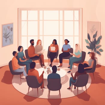 Group therapy, psychologist consulting group of people, illustration . AI Generated