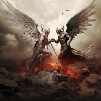 Christian opposition of good versus evil in the form of angel versus demon. Apocalyptic doomsday. Biblical religious concept AI