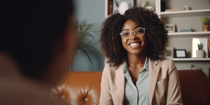 Stylish confident adult 30 years old african american female psychologist sitting arms crossed looking at camera. AI Generated