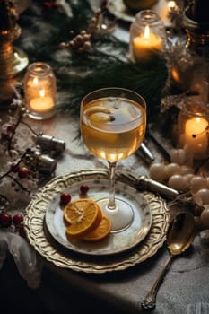 High angle of christmas table with glass of cocktail with champagne, blurred christmas tree on background. AI Generated