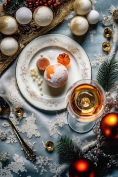 High angle of christmas table with glass of cocktail with champagne, blurred christmas tree on background. AI Generated