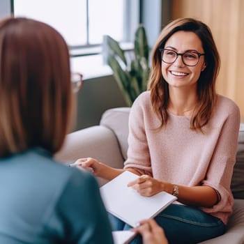 smiling woman psychologist with notebook and patient at psychotherapy session. AI Generated