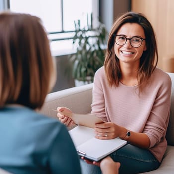 smiling woman psychologist with notebook and patient at psychotherapy session. AI Generated