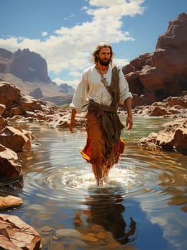 Jesus Christ walks on water. Symbol of Christian miracle. Biblical religious concept AI