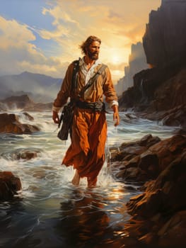 Jesus Christ walks on water. Symbol of Christian miracle. Biblical religious concept AI