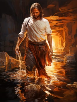 Jesus Christ walks on water. Symbol of Christian miracle. Biblical religious concept AI