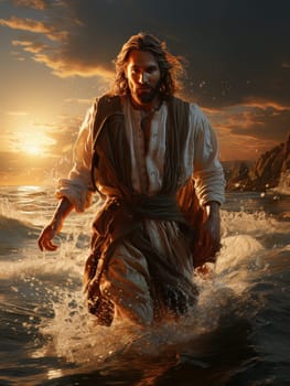 Jesus Christ walks on water. Symbol of Christian miracle. Biblical religious concept AI