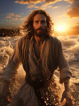 Jesus Christ walks on water. Symbol of Christian miracle. Biblical religious concept AI