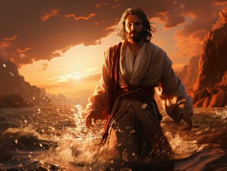 Jesus Christ walks on water. Symbol of Christian miracle. Biblical religious concept AI