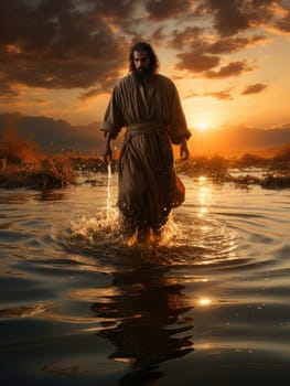 Jesus Christ walks on water. Symbol of Christian miracle. Biblical religious concept AI