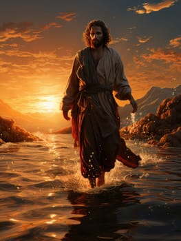 Jesus Christ walks on water. Symbol of Christian miracle. Biblical religious concept AI