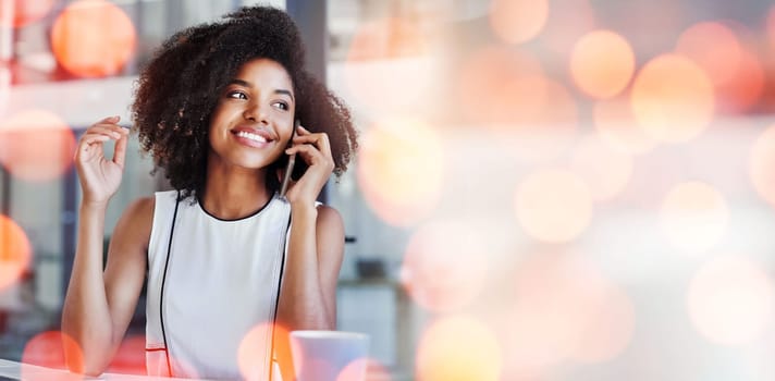 Phone call, communication and business woman with bokeh in office for discussion on b2b deal, agreement or merge. Technology, smile and young African female hr on mobile conversation in workplace