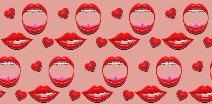 Smile, open mouth with red lips and white teeth and hearts on a pink background, tsor. 3D rendering illustration