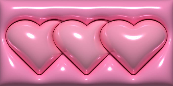 Three pink inflated hearts on a pink background, 3D rendering illustration