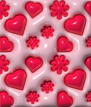 Red hearts and flowers on a pink background, No. D rendering illustration